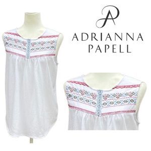 NWT! Adrianna Papell White Red Blue Crinkle Embroidered Tank